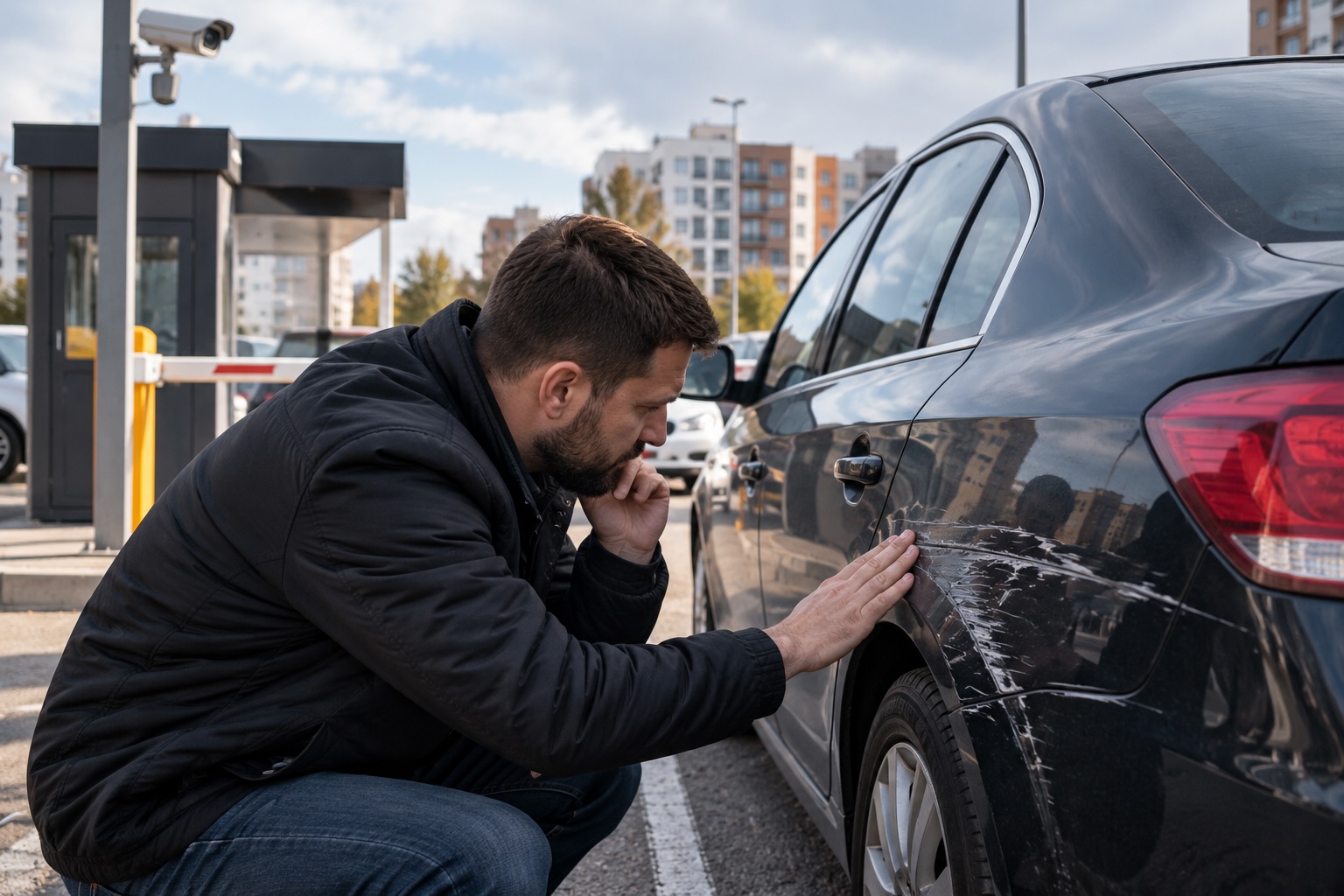 Осмотр поцарапанного автомобиля на парковке
